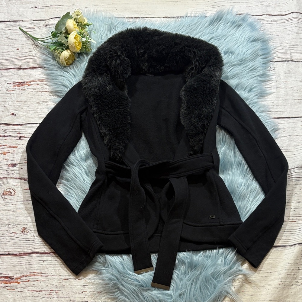 AX Armani Exchange Wrap Faux Fur Collar Black Knit Cardigan sz XS